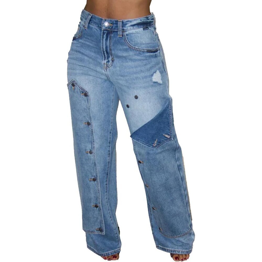 Womens Wide Leg Jeans Polyester Spandex High Waist Streetwear Fall 2024